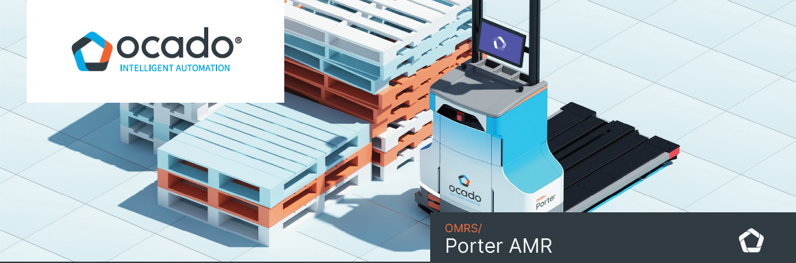Ocado advertisement image with text Maximize Productivity. Minimize Cost. and warehouse automation graphics